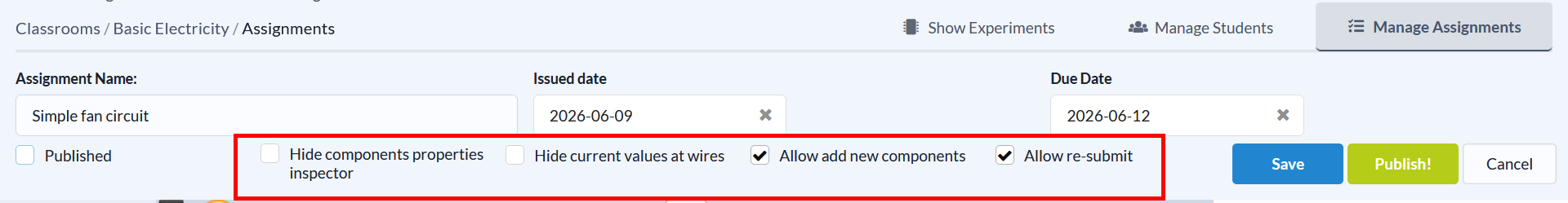 Assignment settings options