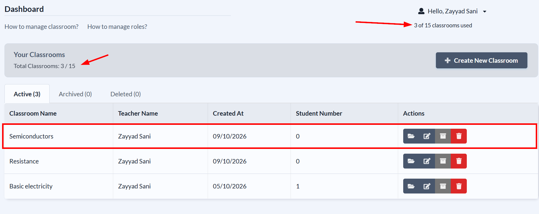 Classroom created and classrooms count updated