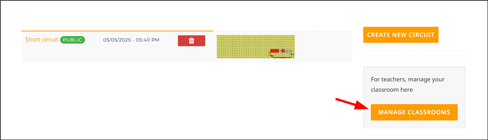 Manage Classrooms button on dashboard