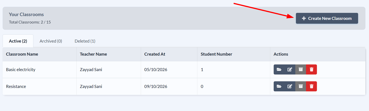 Create new classroom button