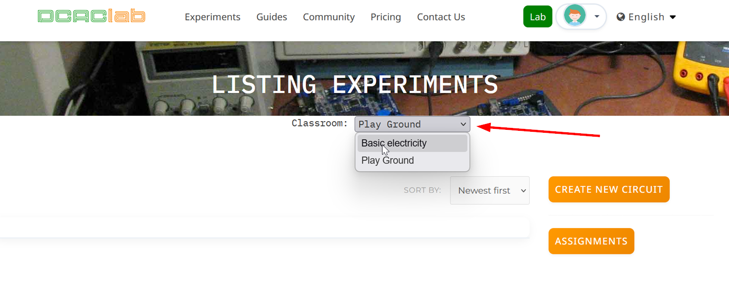 Selecting a classroom from the dashboard